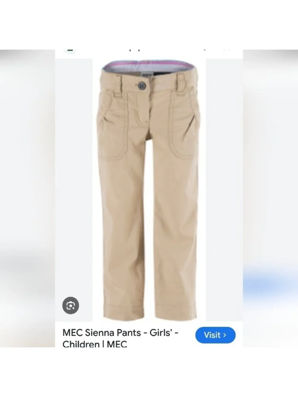 MEC Sienna Cotton Pants Tan Girls Size 10 Adjustable Waist